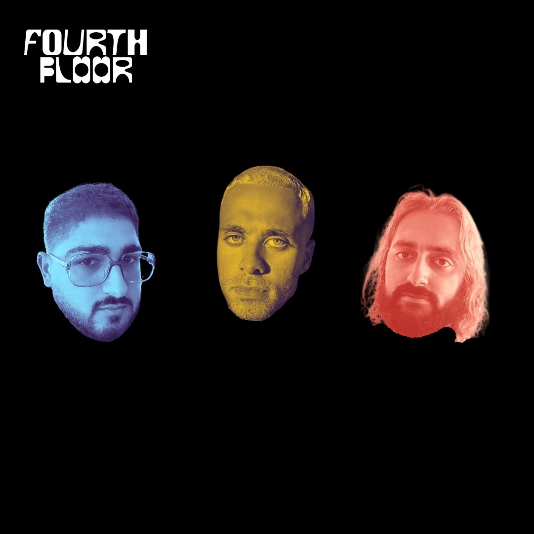 The three Fourth Floor founders as duotone portraits in blue, yellow and red on a black background, beside the Fourth Floor wordmark.